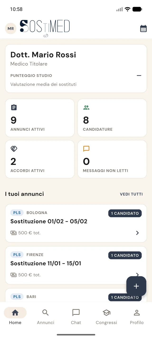 La home di SOStiMed: riepilogo annunci attivi, candidature e accordi