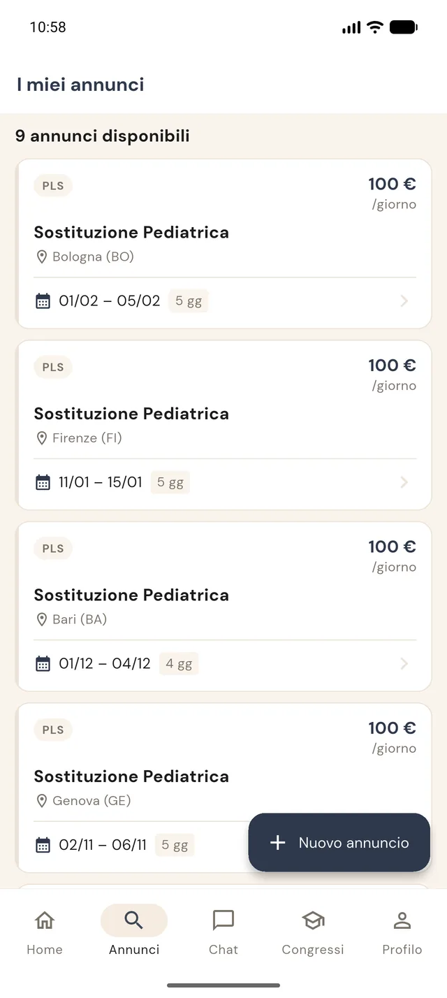 Lista degli annunci di sostituzione disponibili con compenso giornaliero